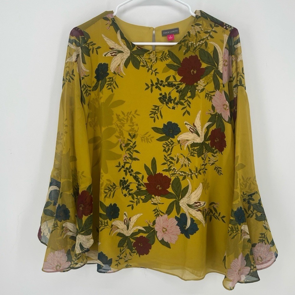 Vince Camuto Long Flutter Sleeve Autumn Botanic Blouse Lemon Curry Size S Floral